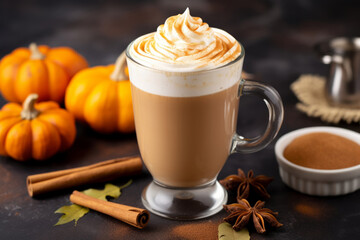 Pumpkin spice latte in a glass mug with whipped cream and cinnamon - 739630032