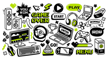 Doodle vector set featuring video game elements. Gaming controller, retro arcade console, vintage controller for video games, joystick for computer play, laptop and other computer gaming items - obrazy, fototapety, plakaty