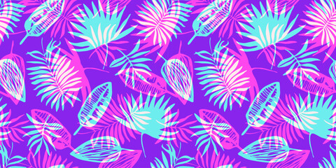 Bright neon colors seamless pattern with overlay tropical leaves. Trendy pink, purple and cyan blue exotic plants texture for textile, wrapping paper, surface, wallpaper, background, print