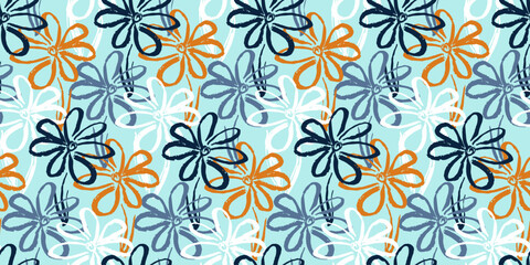 Light blue and orange seamless pattern with contrast hand drawn ink brush stroke chamomile flowers. Sketch expressive paintbrush flower print for textile, wrapping paper, cover