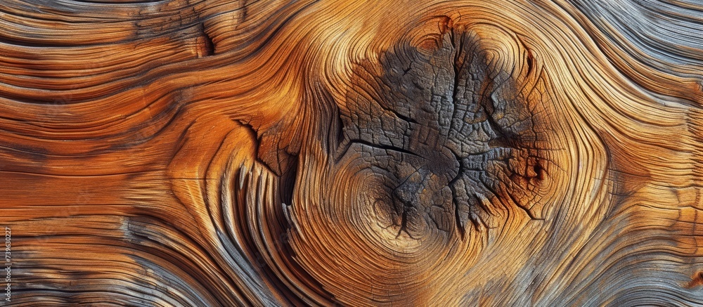 Poster a macro photograph showcasing the intricate pattern of a knot in the wood, resembling the delicate e