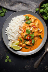 Chicken curry with cashew nuts served with rice and herbs, thai inspired dish overhead view - 739630229