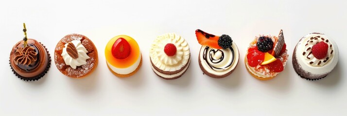 A row of different types of desserts on a white surface. Generative AI.