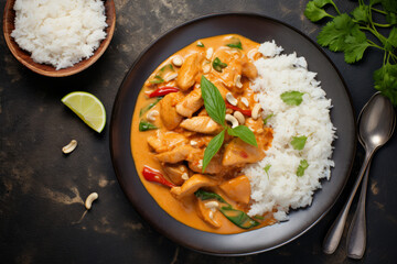 Fototapeta na wymiar Chicken curry with cashew nuts served with rice and herbs, thai inspired dish overhead view
