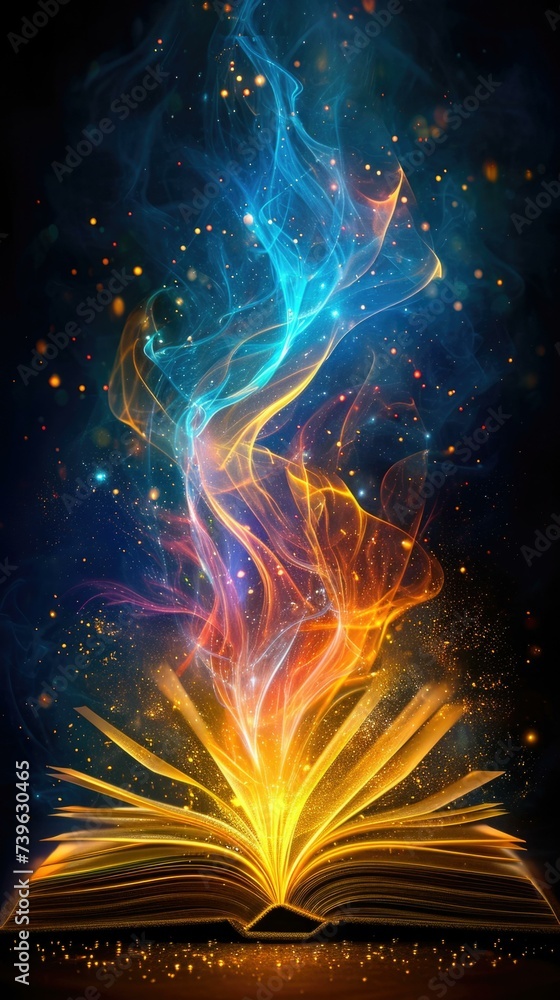 Poster an open book with glowing fire coming out of it. generative ai.