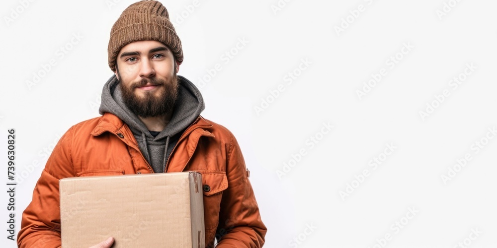 Poster a man with a beard and a hat is holding a box. generative ai.