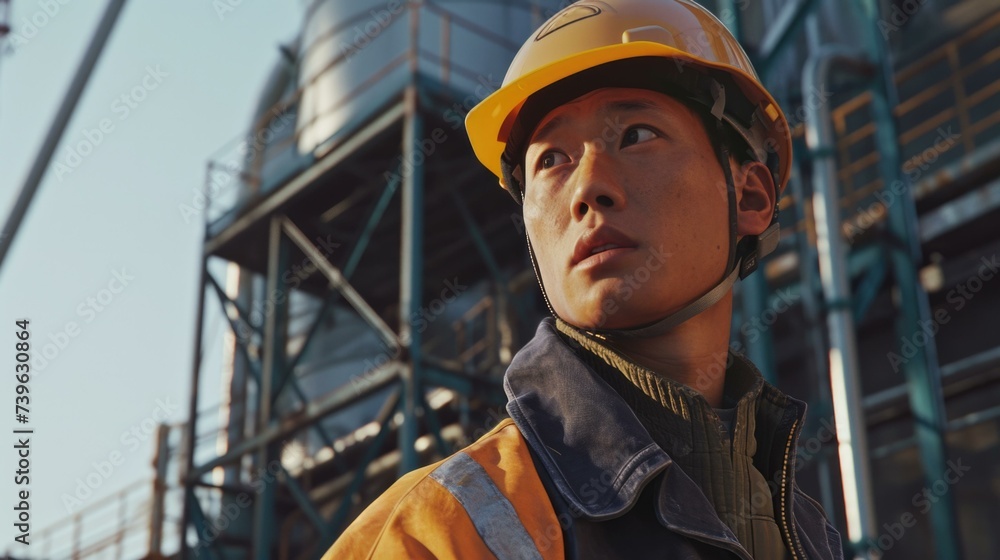 Poster a man in a hard hat standing in front of a factory. generative ai.