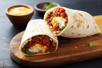 Breakfast burrito with chorizo and egg cut in half served with sour cream - 739630808
