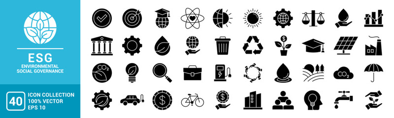 Collection of various environmental, social, governance, ESG icons, leaves, solar panels, recycling, vector template editable and resizable EPS 10.