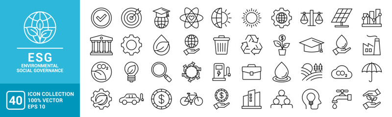 Collection of various environmental, social, governance, ESG icons, leaves, solar panels, recycling, vector template editable and resizable EPS 10. - obrazy, fototapety, plakaty