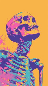 A colorful painting of a skeleton with a bright orange background. Generative AI.