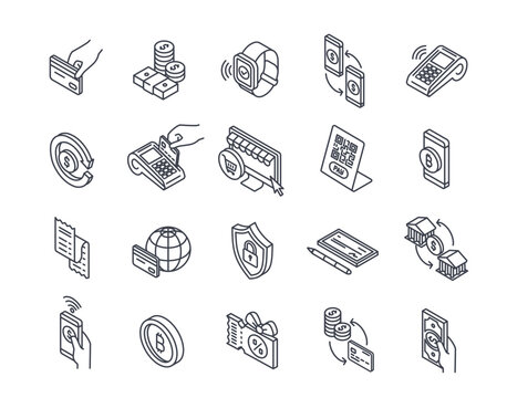 Collection of linear 3d icons depicting various payment methods. Set includes outline illustrations with editable strokes. Vector artwork for versatile use.