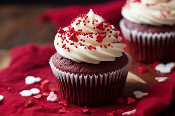 Fototapeta na wymiar Red velvet cupcakes for Valentines day with red heart shaped sprinkles