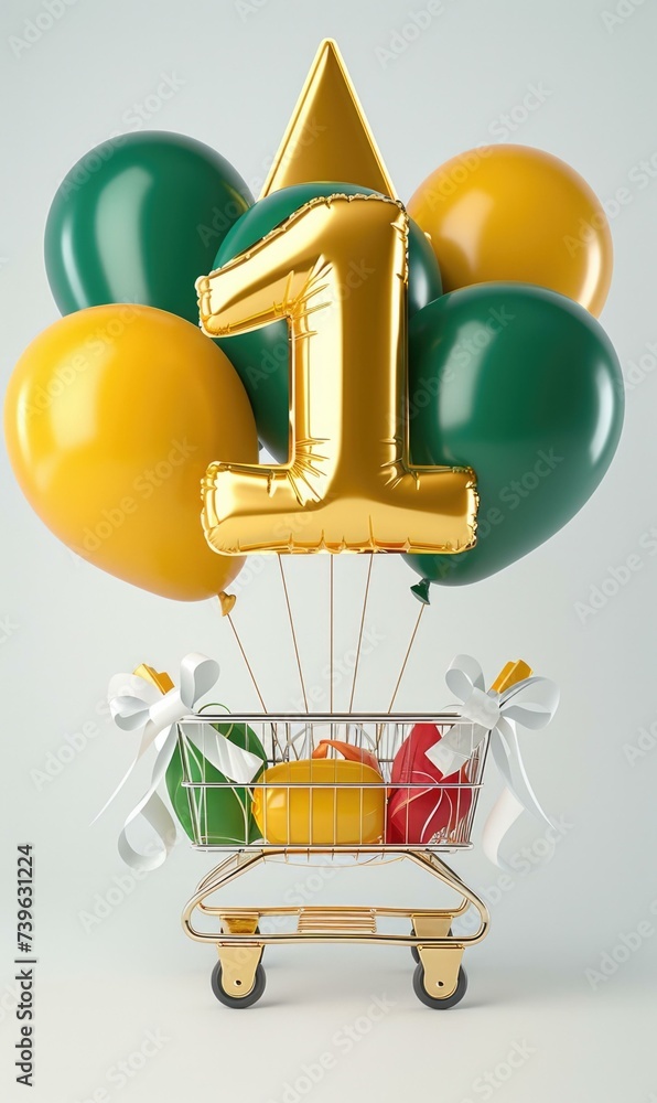 Aufkleber a shopping cart with balloons and a number one on it. generative ai.