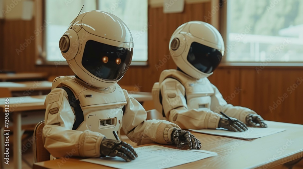 Poster two robots sitting at desks in a classroom. generative ai.