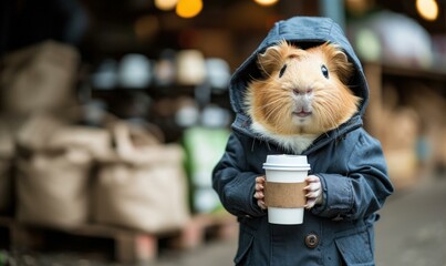 A guinea pig in a hoodie holding a coffee. Blurred background. Generative AI.