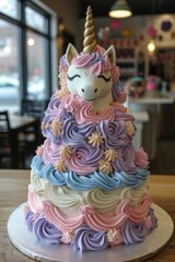 A cake with a unicorn head on top of it. Generative AI.