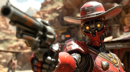 A red robot with a cowboy hat and gun. Generative AI.