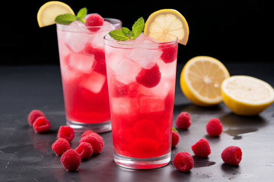 Raspberry lemonade with lemon and fresh raspberries, refreshing summer drink