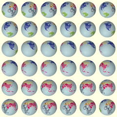 Collection of planet globes. Slanted sphere view. Rotation step 10 degrees. Colored countries style. World map with graticule lines on luminous background. Attractive vector illustration.