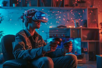 A guy sits in a chair in the living room in a futuristic virtual reality helmet with a joystick in his hands, playing realistic simulation games. Gamer leisure. Evening lighting. Neon lights in the ba