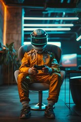 A guy sits in a chair in the living room in a futuristic virtual reality helmet with a joystick in his hands, playing realistic simulation games. Gamer leisure. Evening lighting. Neon lights in the ba