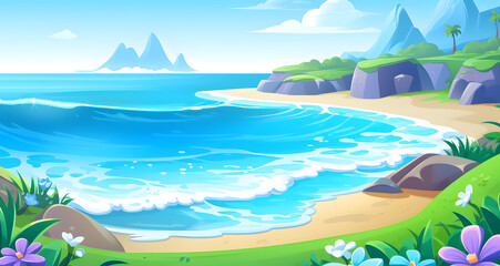 Fototapeta na wymiar the illustration shows a blue sea and beautiful green coast