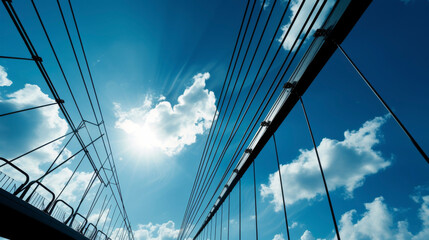 The silhouette of a bridges suspension cables create an intricate pattern against the sky.