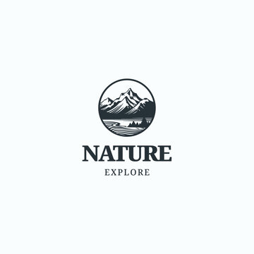  Camping emblem logo with mountain illustration in retro hipster style., mountain riverr logo