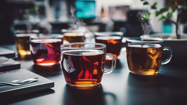 black tea coffee in cups on office break. seamless looping overlay 4k virtual video animation background 