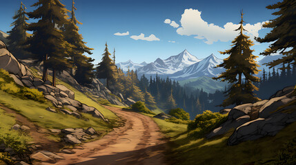 an animated drawing of a dirt road through the woods