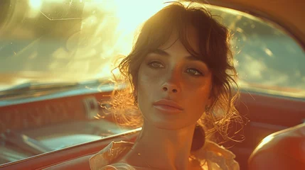 Poster Elegant woman in vintage car at golden hour, cinematic portrait with warm tones © Archil