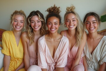 Group of five joyful women in pastel loungewear, smiling together