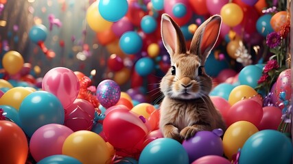 A mischievous rabbit with a twinkle in its eye, peeking out from behind a colorful array of balloons in a whimsical wonderland.