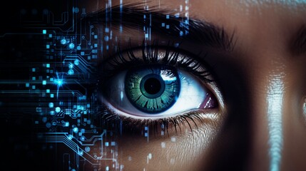 Futuristic woman eye display cyberspace concept science background