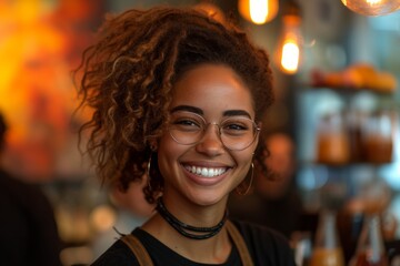 Smiling woman with glasses in a warmly lit cafe - obrazy, fototapety, plakaty