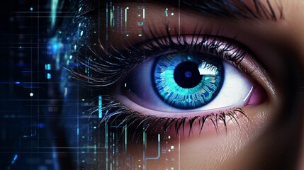Fototapeta premium Futuristic woman eye display cyberspace concept science background
