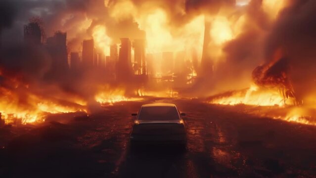 A car against the backdrop of a destroyed and burning metropolis. World war and armageddon concept. Animation with zoom effect. High quality 4k footage