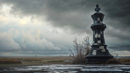 Obraz premium Giant chess king piece in a coastal landscape
