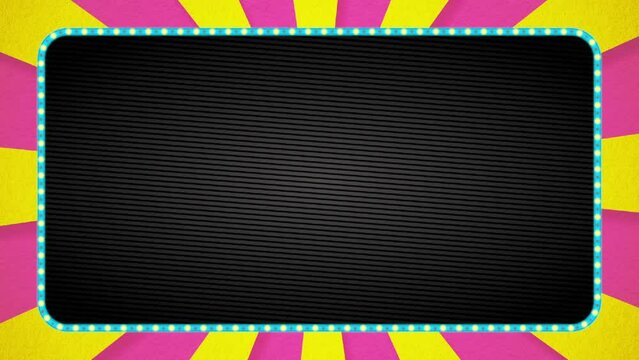 ピンク・黄色の放射線の背景アニメーション・水色の電飾枠・黒ベース・テキストスペース有り