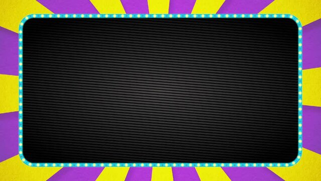 紫・黄色の放射線の背景アニメーション・水色の電飾枠・黒ベース・テキストスペース有り
