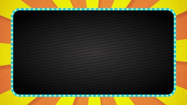 オレンジ・黄色の放射線の背景アニメーション・水色の電飾枠・黒ベース・テキストスペース有り