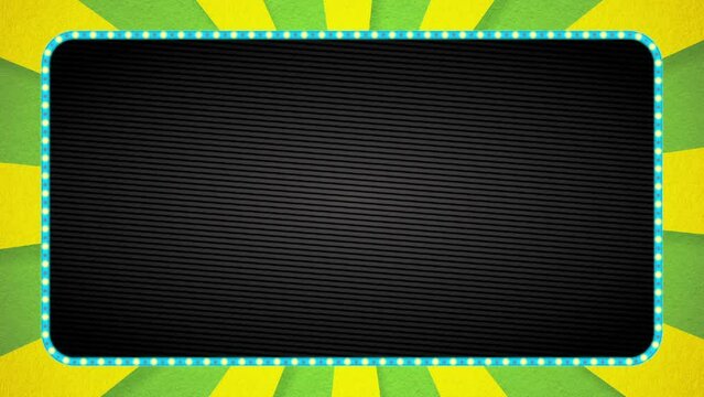 A black background with a rotating yellow and light green radial base and a light blue frame with flashing lights.