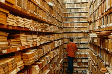 labyrinth like archives with floor to ceiling shelves full of books and ledgers - obrazy, fototapety, plakaty