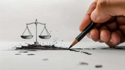 Scales of justice drawn with pen, signifying legal concepts and judgement. - obrazy, fototapety, plakaty