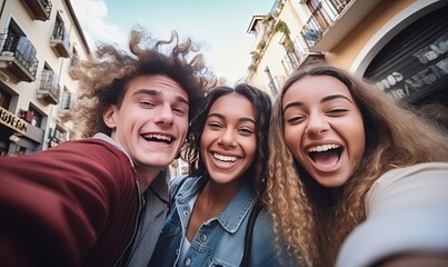 Cheerful teenage friends from different countries take selfies while walking around the city. Concept of friendship, communication, happy memories
