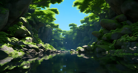 an animated scene of a river with rocks and plants