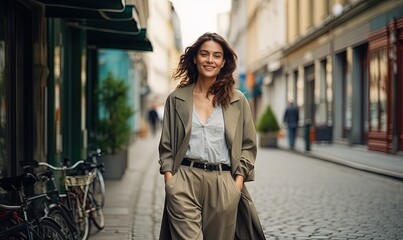 Young, flirty, happy, beautiful stylish woman walks in a coat and shirt with trousers, smiling, street style, spring-summer fashion trend
 - obrazy, fototapety, plakaty