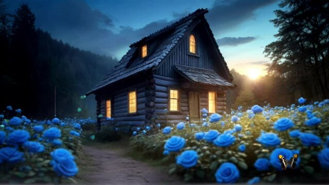 Wooden house with blue roses in the meadow at sunrise