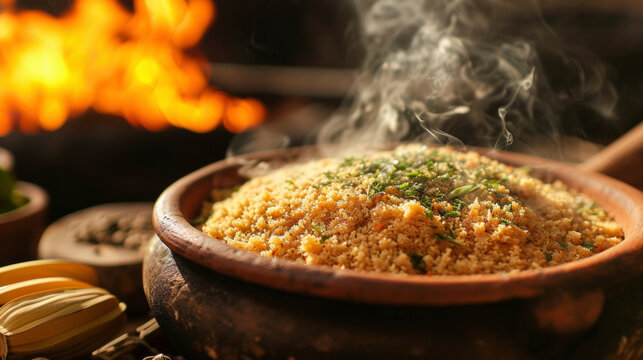 A mouthwatering bowl of farofa catches the eye with its mixture of crunchy manioc flour and flavorful seasonings combining to create a uniquely Brazilian dish. The smoldering